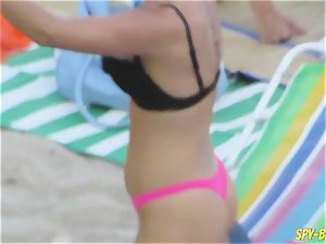 pink swimsuit unexperienced topless spycam Beach girls